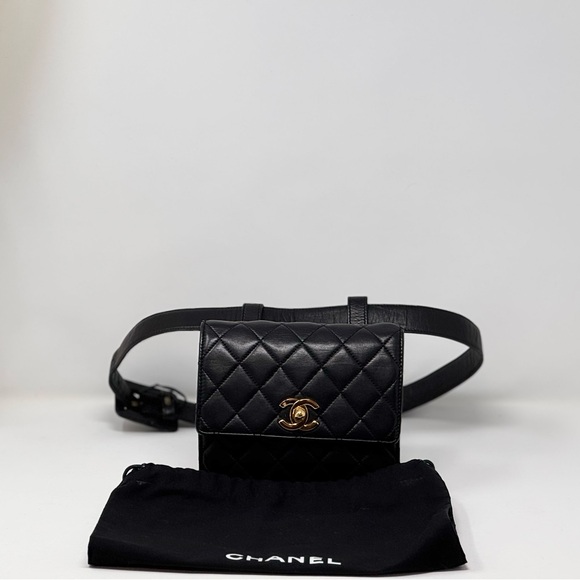 💎💯Authentic CHANEL Vintage Belt Bag Mini Black Lambskin Leather 24k GP Hardware - Picture 1 of 7